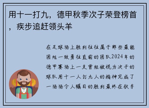 用十一打九，德甲秋季次子荣登榜首，疾步追赶领头羊